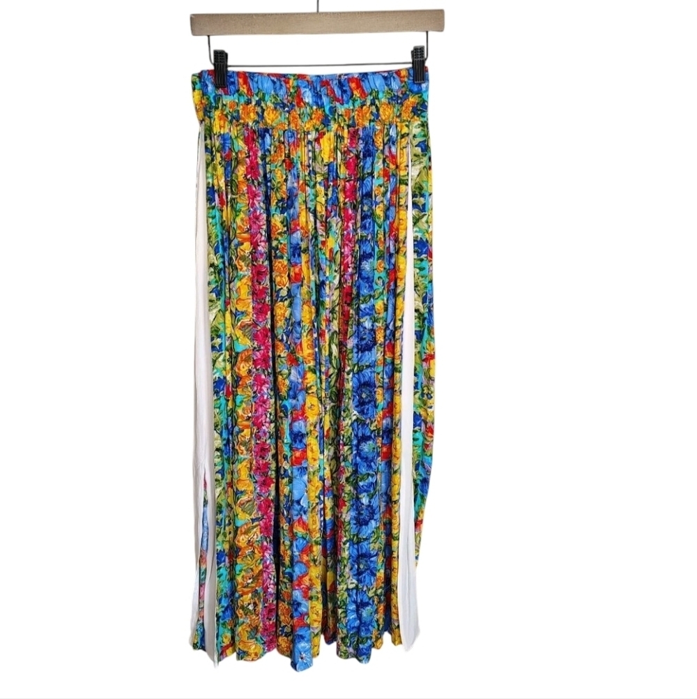 Vtg High Waist Floral Pleated Maxi Skirt Bright Garden Print Size 8 Botanical